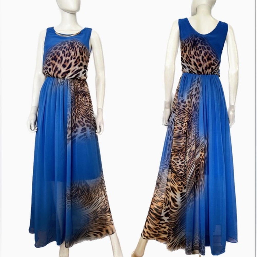 SALE💥NEW WOMEN CHIFFON LONG DRESS ANIMAL PRINT SLEEVELESS LINED ROYAL BLUE/MLTI